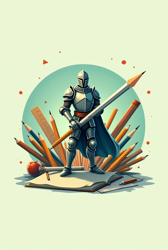 Logo with a round shape and that has a knight holding a pencil as a sword with utensils like pencils in the background, rulers and sheets of paper and the background of the image is light green