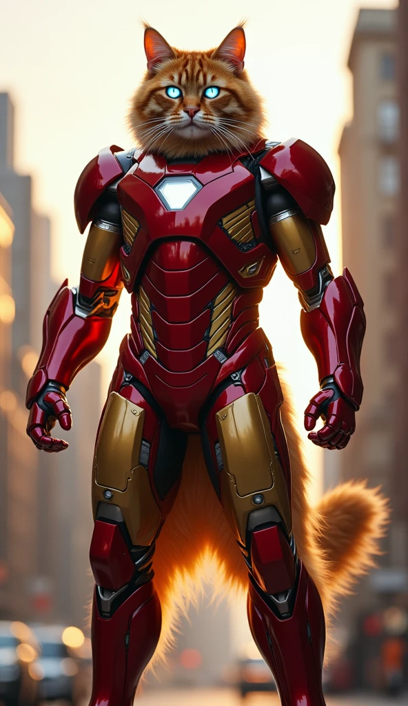 A heroic pose: Marvel, an enormous Maine Coon cat, stands proudly on hind legs, sporting Iron Man's armored suit from shoulder to paw. The metallic armor glistens under soft, warm lighting, accentuating the cat's whiskers and gleaming eyes. A cityscape backdrop, reminiscent of New York City, adds a sense of urban adventure. Marvel's ears are perked, as if listening for distant battles, while its tail thrums with excitement.