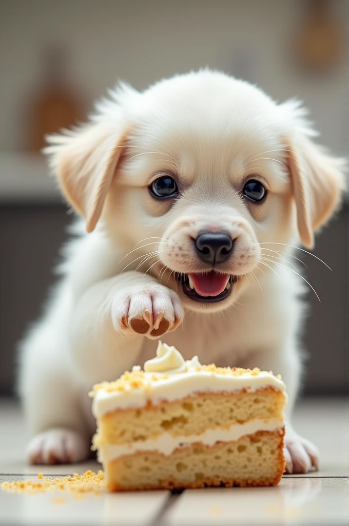 A real puppy eating cake. White color