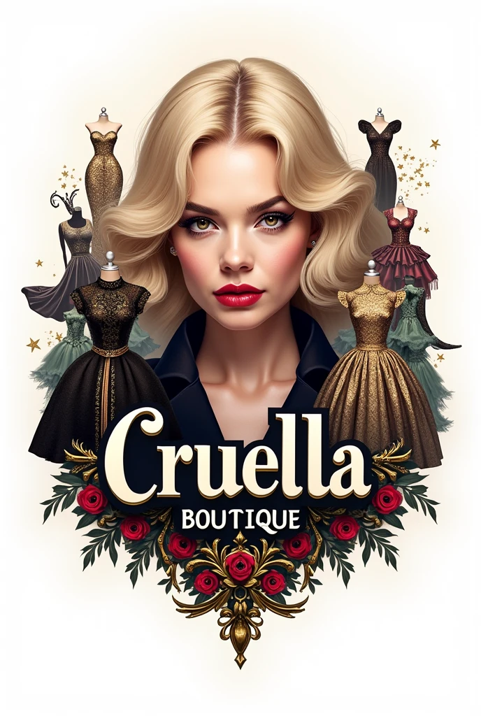 Logo for a Cruella de Vil boutique with Emma Stone in the middle of a boutique full of dresses, White background, with name "Cruella Boutique" In the middle