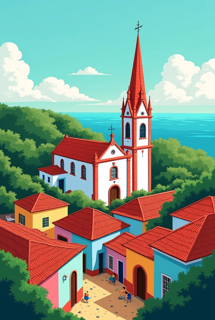 cartoon style drawing of the top of the cathedral in Olinda - PE with elements of local culture 