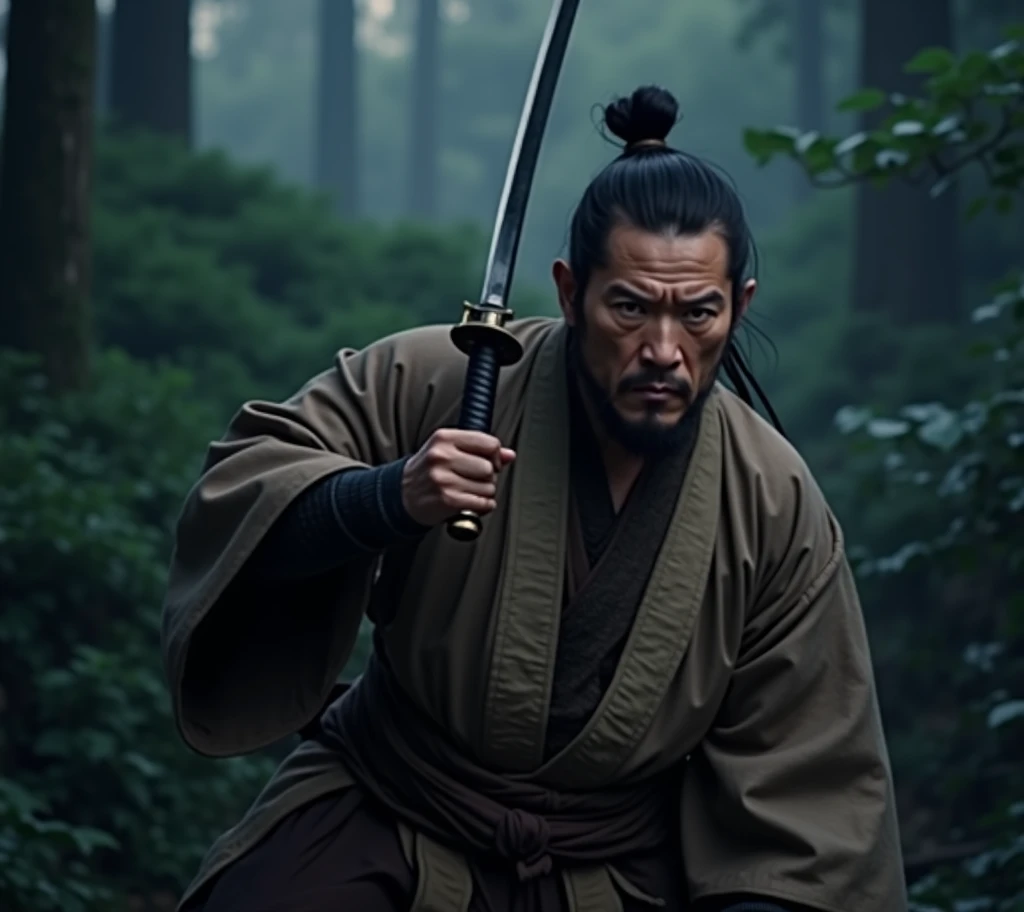 Close-up of a man holding a sword in the woods, Wearing old samurai clothes, Japanese live-action films, Works inspired by Kano Hogai, Live-action movie stills, inspired by Kanō Sanraku, A scene from a live-action movie, Ancient Japanese Samurai, miyamoto musashi