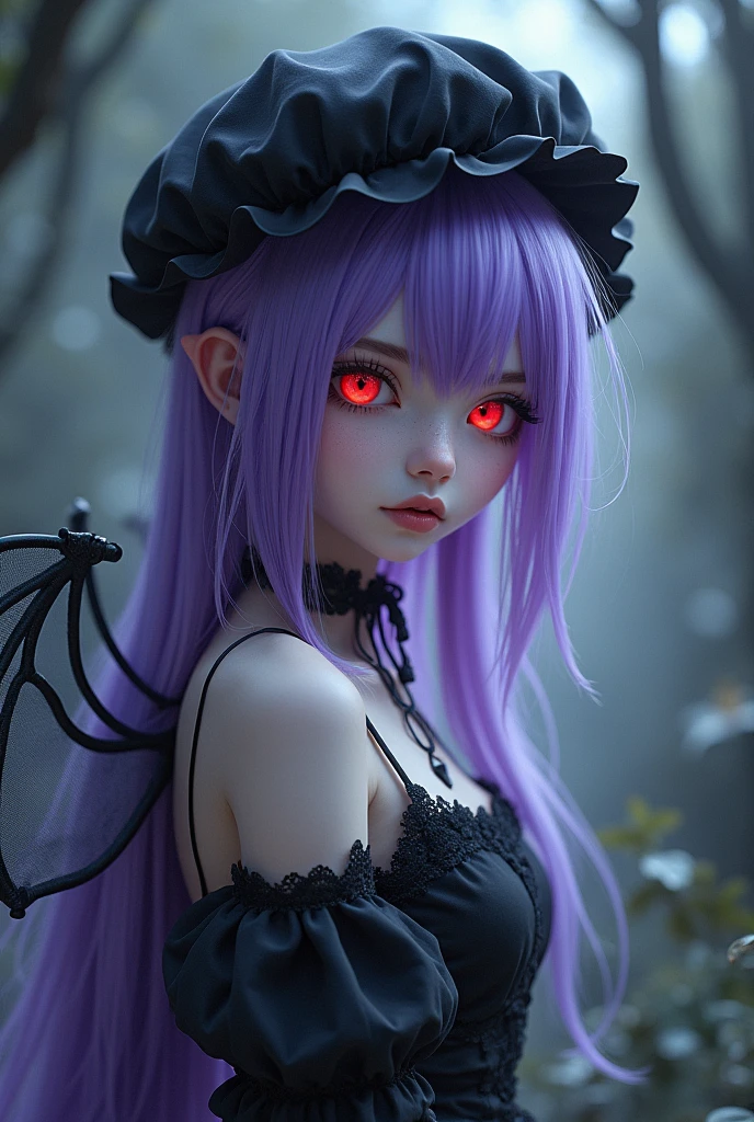 vampire Girl pale purple hair Red eyes It has wings A hat with frills Wearing a skirt, a one-piece garment White skin cute