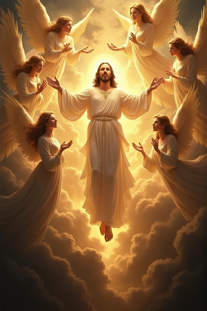 Jesus descending from heaven surrounded by angels, the figure of Jesus illuminated and radiant, with a dark scene surrounding him, the angels singing with an expression of peace and serenity.