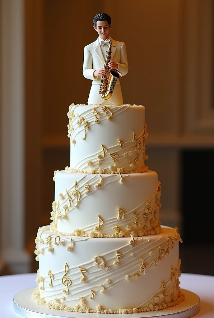 3-tier white and gold cake with lots of gold details of musical notes and sheet music and a man with his saxophone on top 