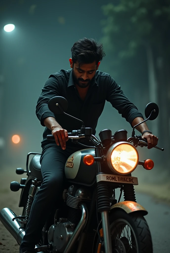 30 years Indian man is riding on royal Enfield bike very angry, he wears black shirt, this is at night time, strong wind is there. His palm of hand covered with blood. His face is hidden