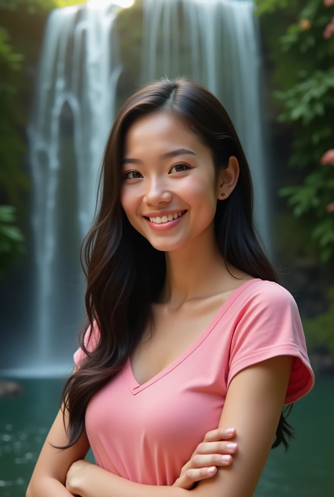 Create Real pinay girl age 30 wearing pink short and sleevless s say cheese standing with background water falls