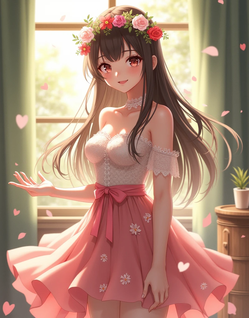 Ultra high quality,High heel,Long legs,Smile,Sunlight passing through the body,Lace off-the-shoulder,Wear flowers on your head,student,charming,Ribbon,There are several flowers embroidered on the skirt,Pink skirt