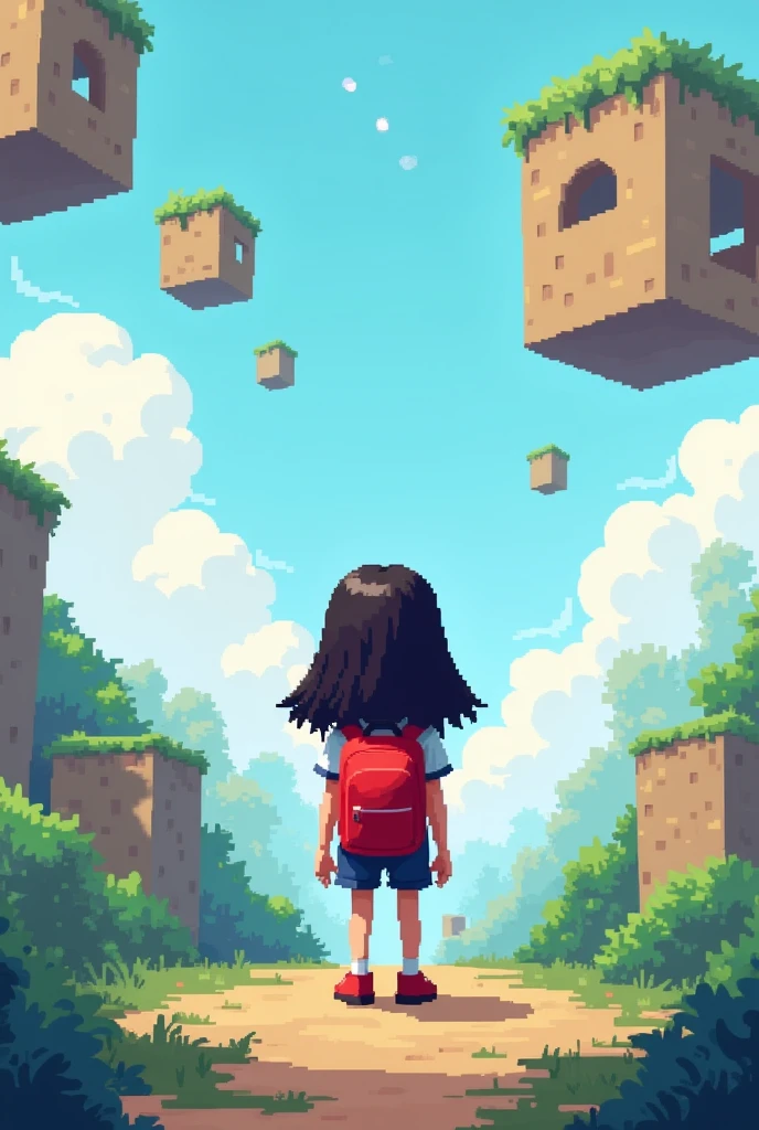 Pixel Art。Pixel art。Square floating terrain。An elementary school student with long black hair and a red backpack。Face forward。pixel,pixelart