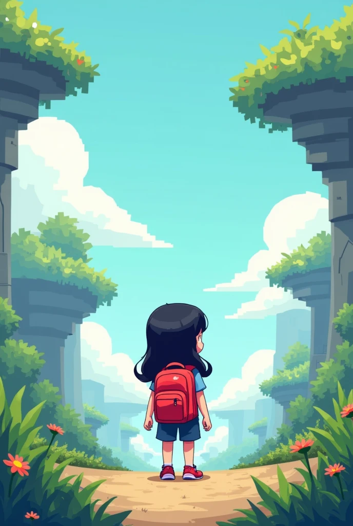 Pixel Art。Pixel art。Square floating terrain。An elementary school student with long black hair and a red backpack。Face forward。pixel,pixelart