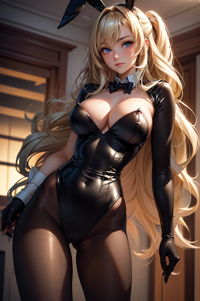 ((masterpiece, best quality, ultra-detailed, high resolution, extremely detailed CG, super detailed, Most beautiful clean lighting)), 1 girl, give a faint smile, Half Japanese, Multiple long drill hair, Large amount of hair, curly hair in vertical rolls, shiny blonde Long hair, Beautiful blue eyes, Elegant, Not tall, slim body, slender hips, Beautiful lady, huge breasts, playboy bunny, bunny girl, net tights, rabbit ears.