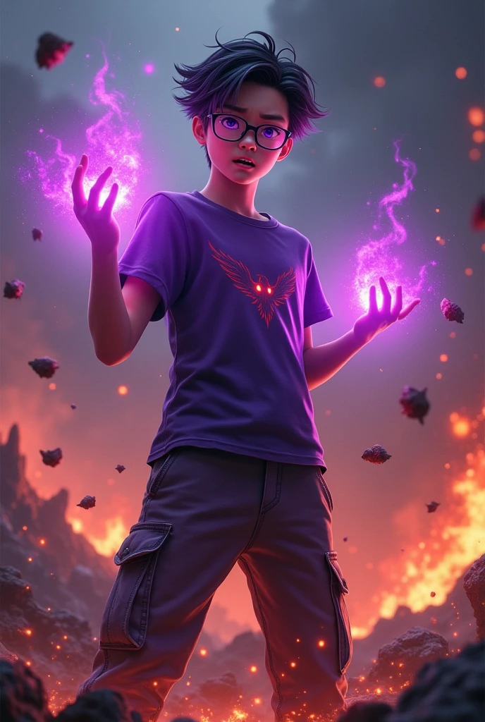 a man real teenage 14 year old chinese man.(purple glasses) sharp eyes. Anger face. Open mouth. . wearing an (dark purple ) future shirt . anger face.wavy hairstyle purple. Dramatic.. stand on lava ,(dark purple)cargo pant,, detailed face, cinematic lighting, dramatic atmosphere,.hot day. vibrant colors, 8k, high quality, photorealistic. Hero suit.shadow power dark power from his hand. Glowing magic element shadow elment from hand, ember everywhere . Glowing dark purple, shadow logo design on pant . Very strong. Future design dress. Very epic. Very hot background.. dark sky. Very strong . fire very strong . Flying burn dry leave everywhere..Shadow Imitation sharp shape power from hand .rasengan . at volcano Damage building. Floating small rock everywhere. Shadow Imitation Technique.(( shadow eagle background red eyes))