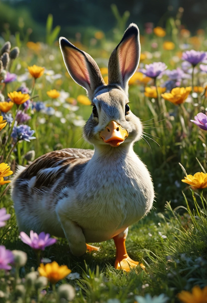 Wolpertinger made of duck + Hase, In bright colors + Anime-Series, realistic representation, on a flower meadow, (best quality,4K,8k,highres,​masterpiece:1.2),Ultra-detail,(Realists,photoRealists,photo-Realists:1.37),elaborate details,cinematic lighting,The Fantasy,Digital Drawing,surreal,Very detailed,Film composition,keen focus,photoRealists,hyperRealists,mystical,Ethereal,fantastic,exhilarated,noticeable,dream-like,conceptual,imaginative