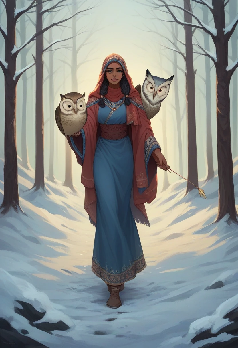 Create a realistic image of the back of a beautiful Muslim woman, showing strength, wearing a red niqab and blue clothes, holding bows and arrows, walking in a forest full of snow, and around her there are owls and hawks, and a magnificent hawk stands on her shoulder, and she cautiously approaches a silver wolf and tries to tame it. Make her look like Pretty much reality