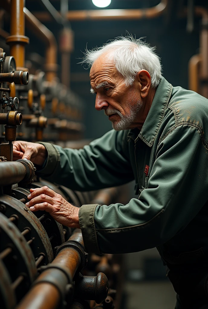 A skilled elderly engineer carefully inspects a ship's engine