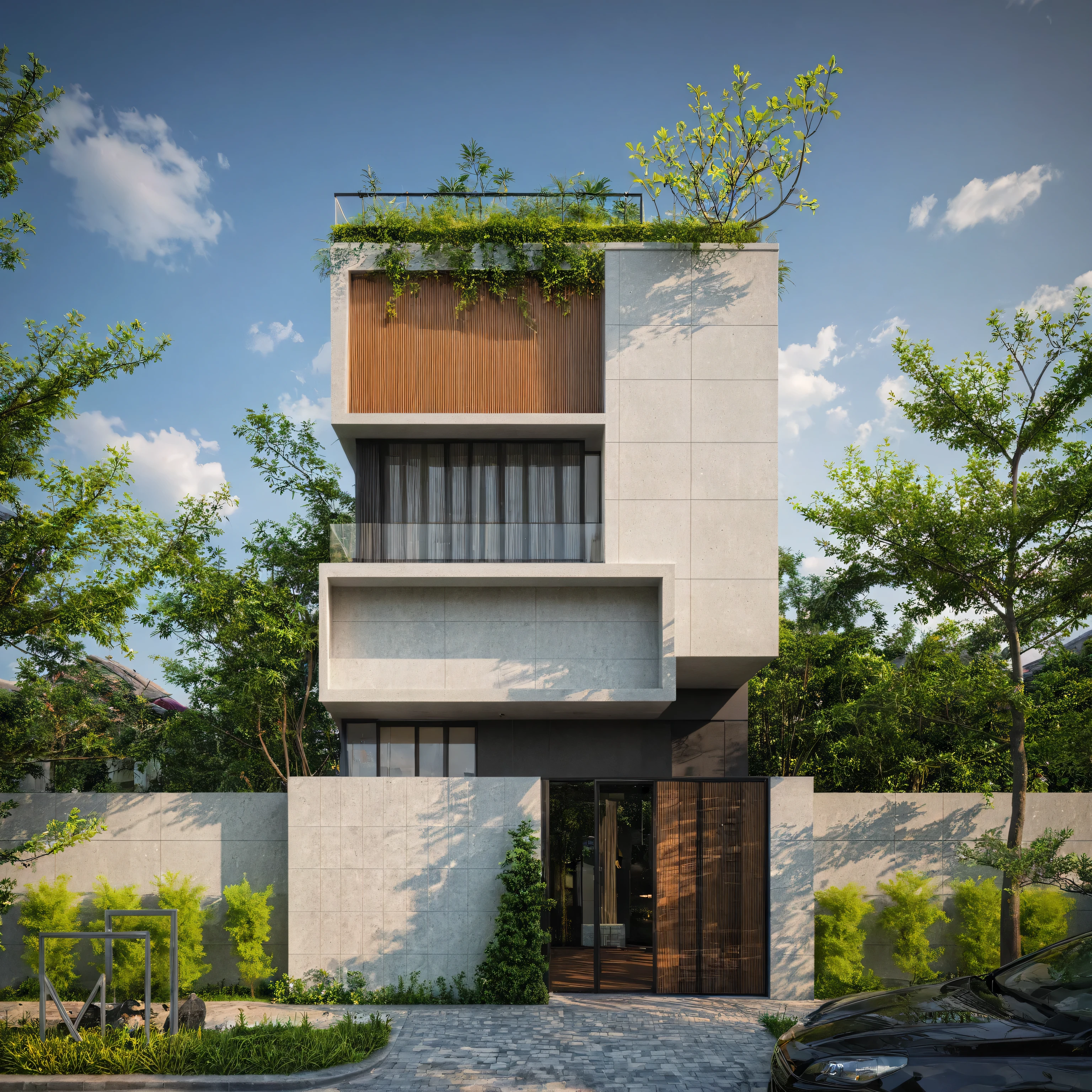 modern villa on street, (daylight), tropical tree, (slope roof, black tiled roof:1.2), vivid color, streetcapes, nice sky, grey tone, large glass door, warm interior lighting, modern material, best quality, ultra realistic, masterpiece, 17ArchiAI_XL_VL-v1