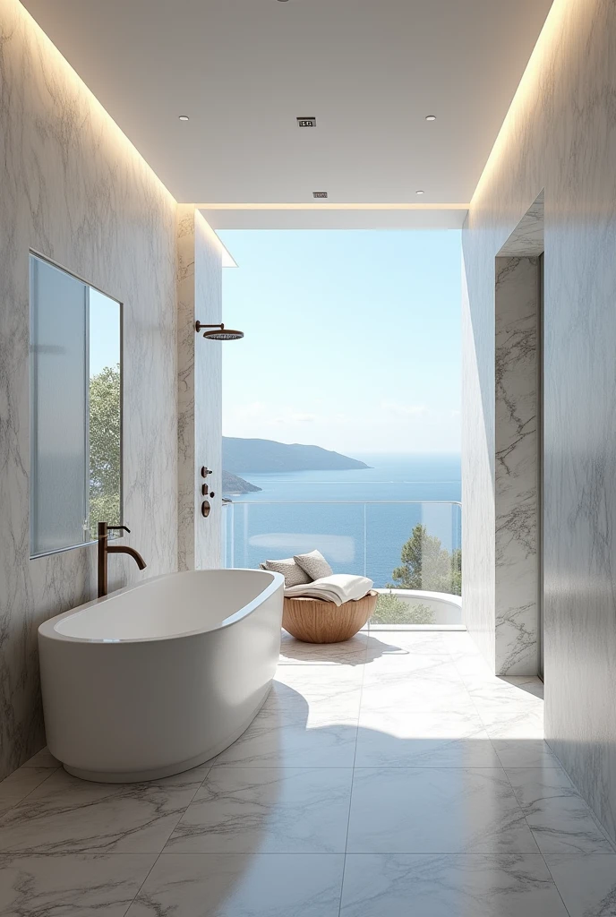 (masterpiece:1.2, Highest quality, Ultra-high resolution, Very detailed, Realistic, RAW Photos:1.2, Elaborate photos), 8k, wallpaper, (Ray Tracing), Santorini villa, (Spa-like bathroom with freestanding tub, Marble walls and floors, Rain shower with glass enclosure, View of the Aegean Sea through large windows), A photo that embodies the indulgence of a spa-like bathroom, where luxury and relaxation meet.