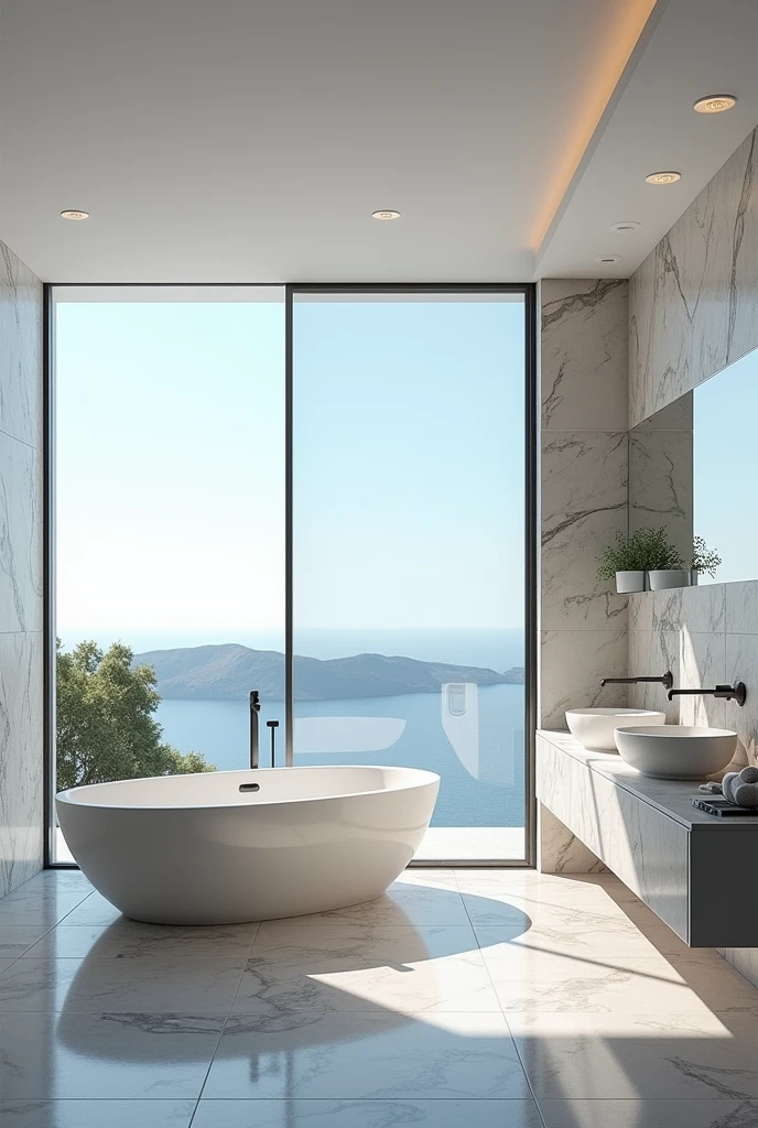 (masterpiece:1.2, Highest quality, Ultra-high resolution, Very detailed, Realistic, RAW Photos:1.2, Elaborate photos), 8k, wallpaper, (Ray Tracing), Santorini villa, (Spa-like bathroom with freestanding tub, Marble walls and floors, Rain shower with glass enclosure, View of the Aegean Sea through large windows), A photo that embodies the indulgence of a spa-like bathroom, where luxury and relaxation meet.