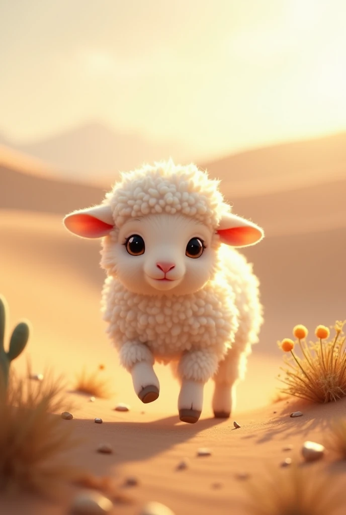Cute and furry lamb in the desert