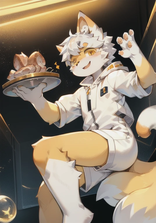 ，A white male cat，Orange fur，White fur，Silver hair，Golden Eyes，Big furry tail，Furry ears，Meat pad，happy，cute，Q version，clothed in space suit，In the universe，Strange environment，In space