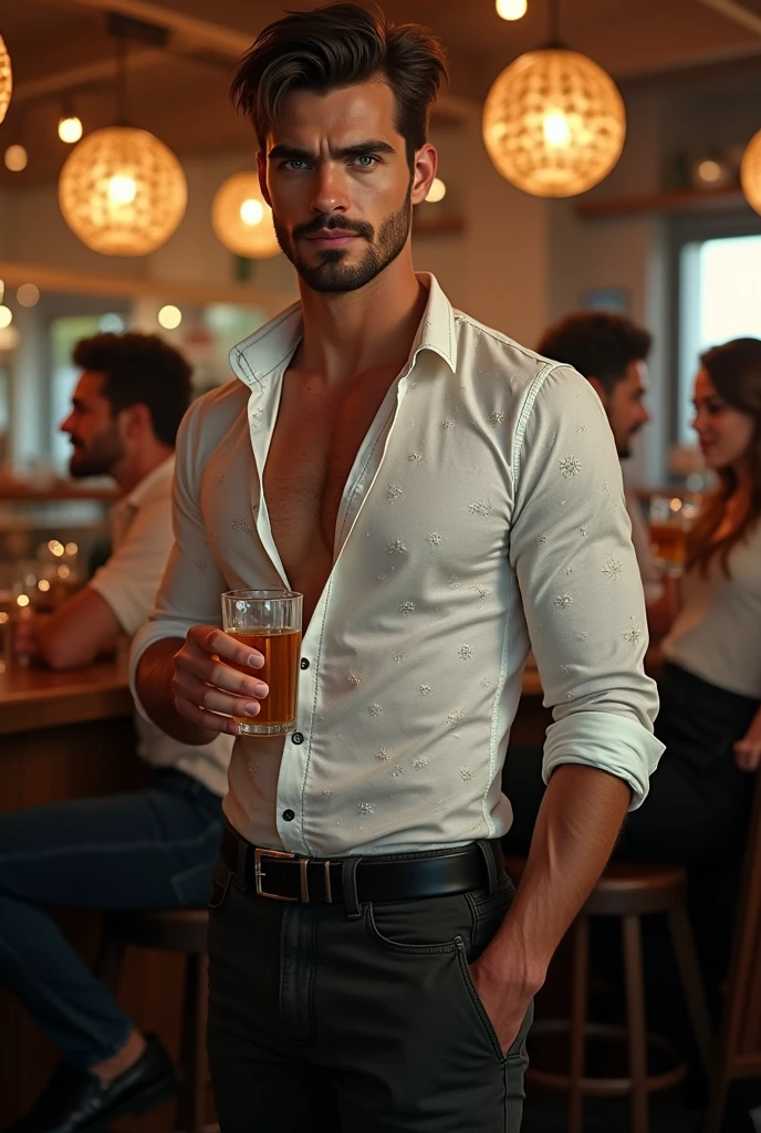 Create a realistic photo, typical Spanish man with a beard and mustache, very handsome man with a charming and deep look, green eyes, brown hair, ((full body)) hyper realistic photos, dressed in black jeans, a white colored shirt with patterns, black colored shoes, hold a glass of alcohol in hands, chat with friends, background image: in a bar with friends, head to toe, full body , hyper realistic photo