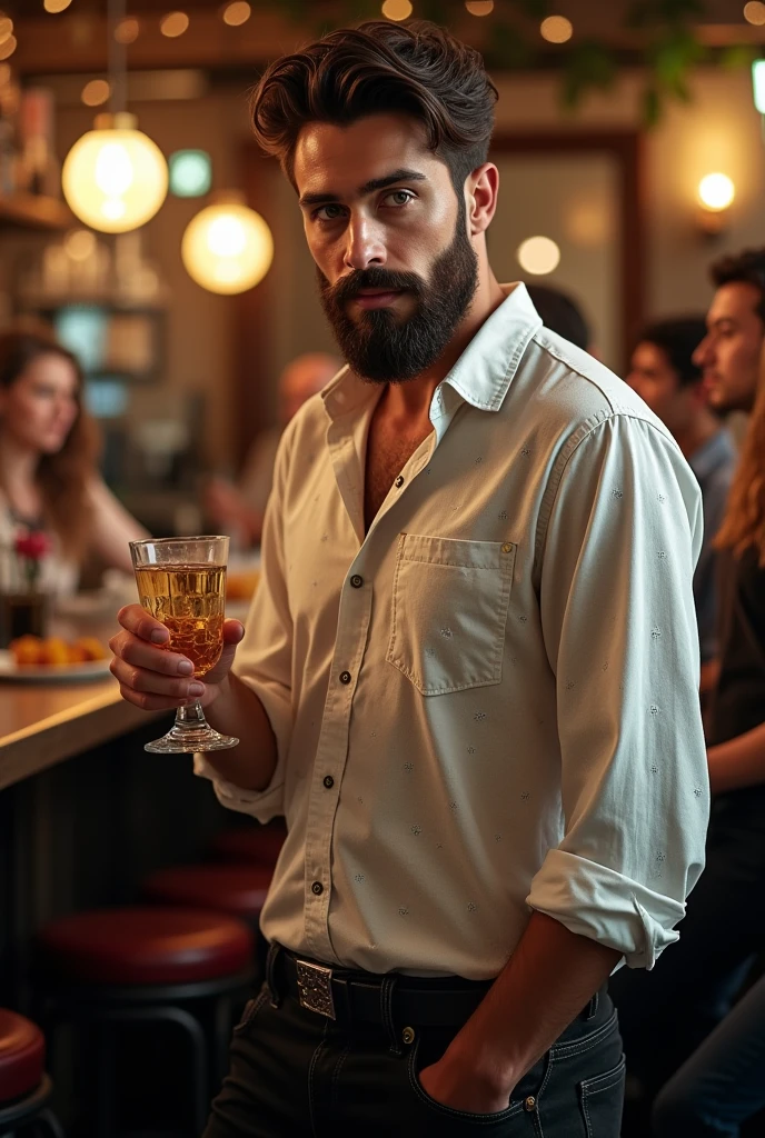 Create a realistic photo, typical Spanish man with a beard and mustache, very handsome man with a charming and deep look, green eyes, brown hair, ((full body)) hyper realistic photos, dressed in black jeans, a white colored shirt with patterns, black colored shoes, hold a glass of alcohol in hands, chat with friends, background image: in a bar with friends, head to toe, full body , hyper realistic photo