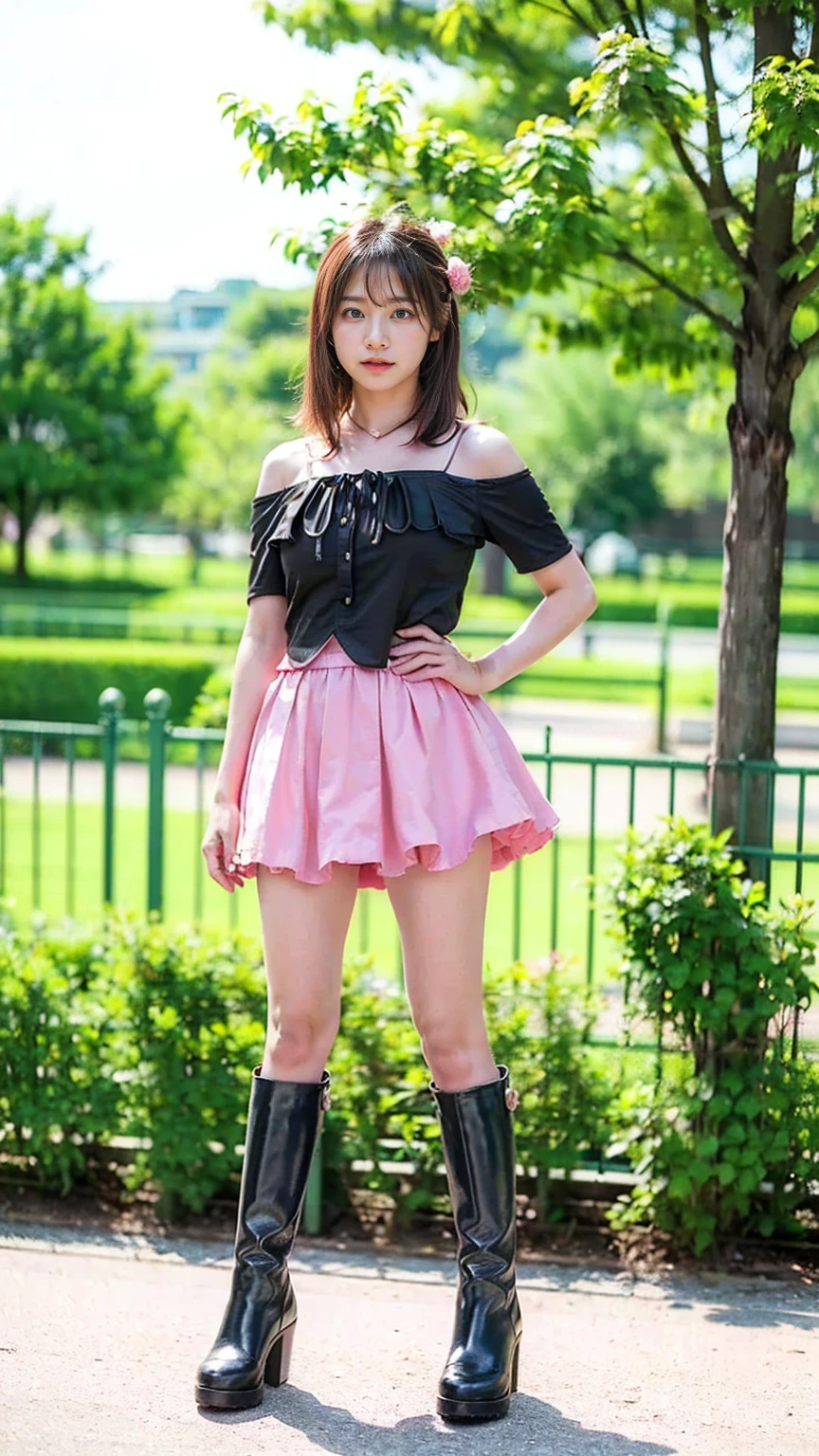 (8k、RAW Photos、Highest quality、masterpiece:1.2)、(Realistic、Realistic)、1 person、((Black and Pink、garden、Frills、mini skirt、Thin legs、whole body、boots、View from the front、Looking into the camera、Stand with hands on hips))、cute