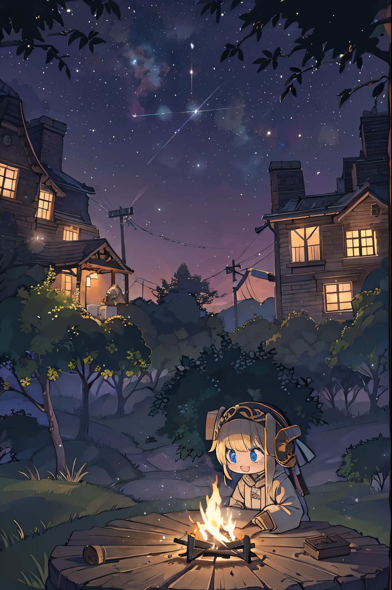 Tabletop, Highest quality, 1 person, alone, effect, Dark Background, With a happy face,Little、camp、Before the bonfire、Under the stars