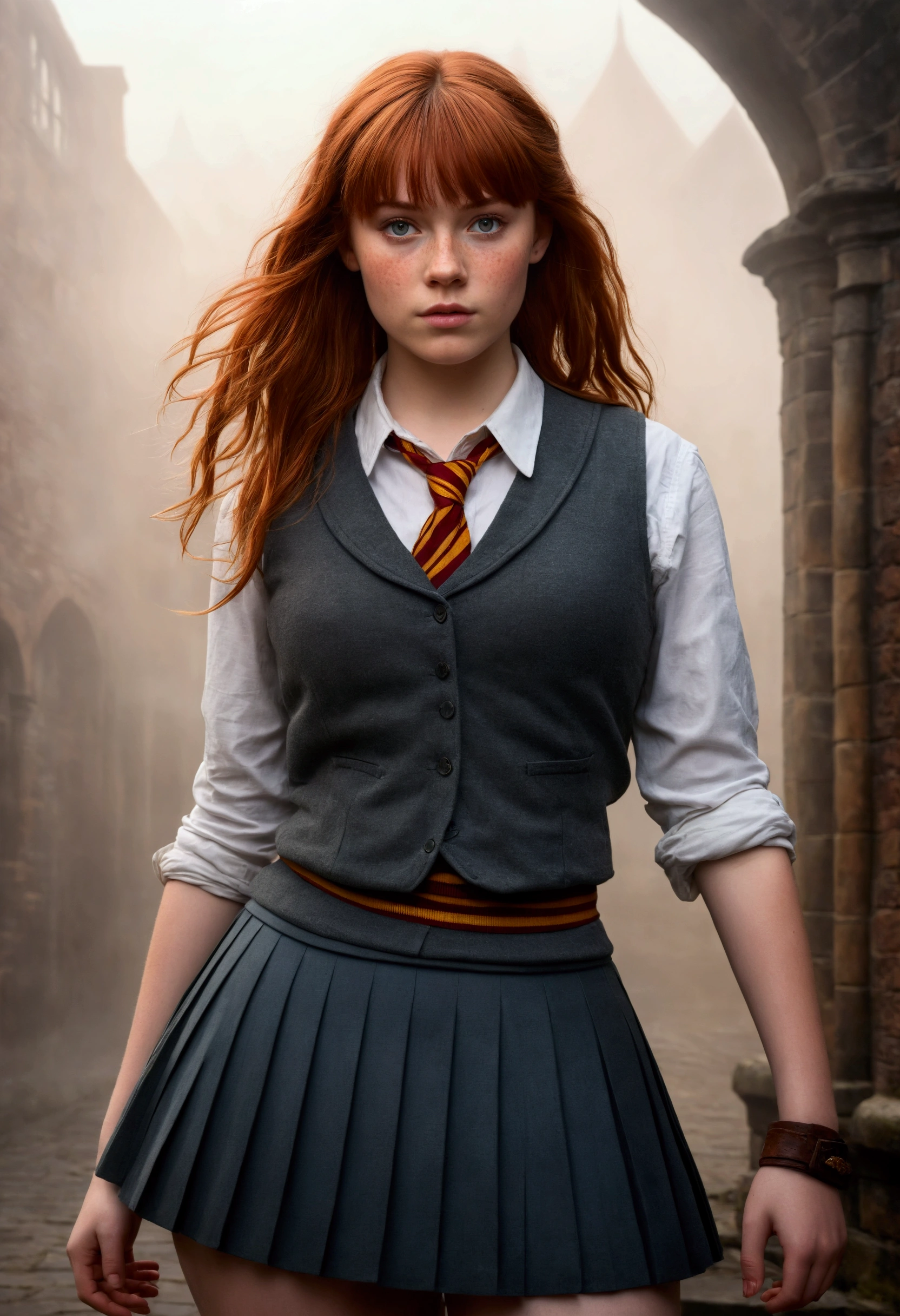 An illustrated movie poster, hand-drawn, full color, a teenage Hogwarts student, 18-years-old, female, wearing a charcoal vest and a pleated skirt, athletic hourglass figure, busty bosoms, full wide hips, massive round butt, long shapely legs, ridiculously thick powerful thighs, vibrant eyes, red auburn hair, thick shaggy bangs, flushed sun-kissed complexion, freckles, resembles Freya Allen, standing in a foggy Hogwarts courtyard, surrounded by mist, graphite shading, stencil marks, airbrushed acrylic paint, masterpiece