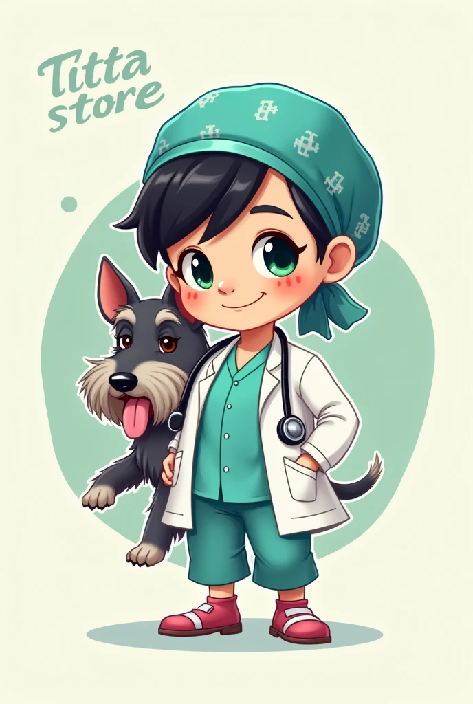 Surgical cap company " element that should go in the image" which is called titta store"WORDS THAT HAVE TO GO IN THE IMAGE "which has as avatars:
1. a chubby girl with green eyes , doctor and black hair and 2. pet a schnauzer breed dog named nala 3.with a trigreño boy with brown eyes and black hair