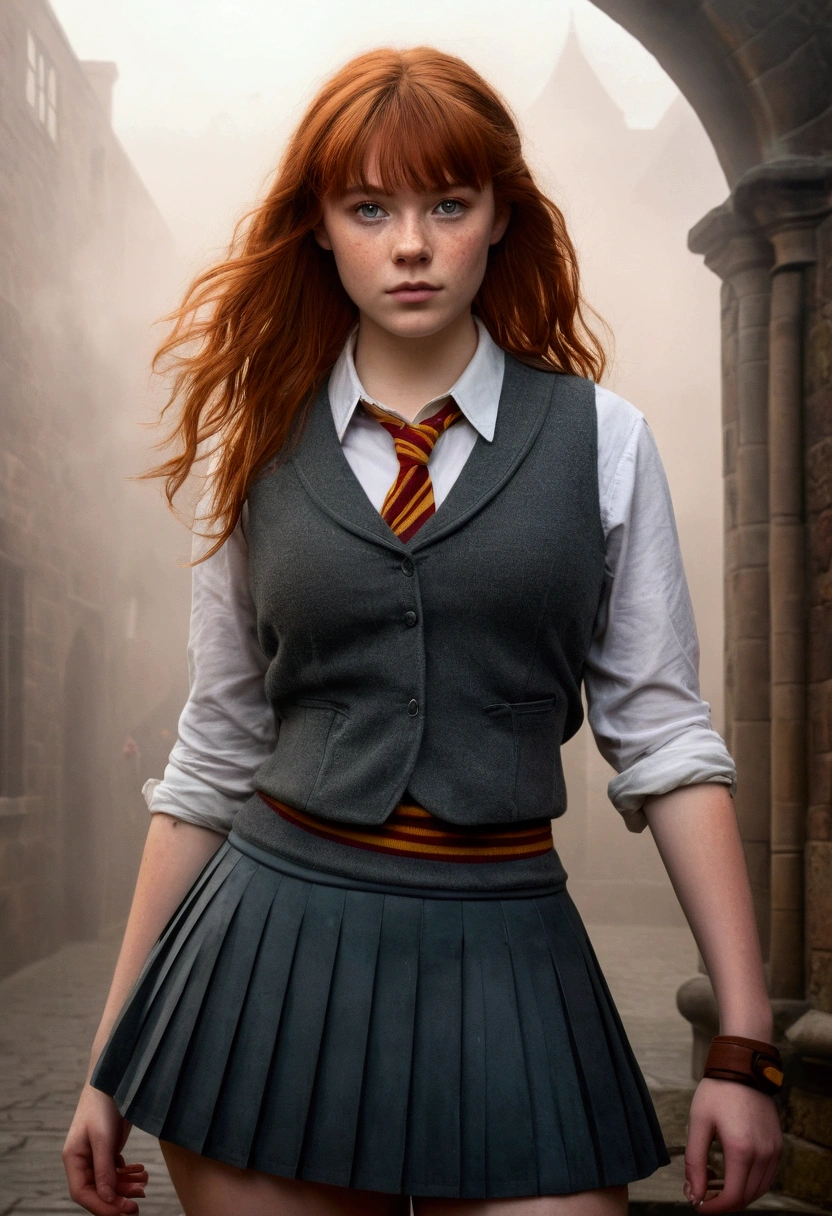 An illustrated movie poster, hand-drawn, full color, a age Hogwarts student, 18-years-old, female, wearing a charcoal vest and a pleated skirt, athletic hourglass figure, busty bosoms, full wide hips, massive round butt, long shapely legs, ridiculously thick powerful thighs, vibrant eyes, red auburn hair, thick shaggy bangs, flushed sun-kissed complexion, freckles, resembles Freya Allen, standing in a foggy Hogwarts courtyard, surrounded by mist, graphite shading, stencil marks, airbrushed acrylic paint, masterpiece