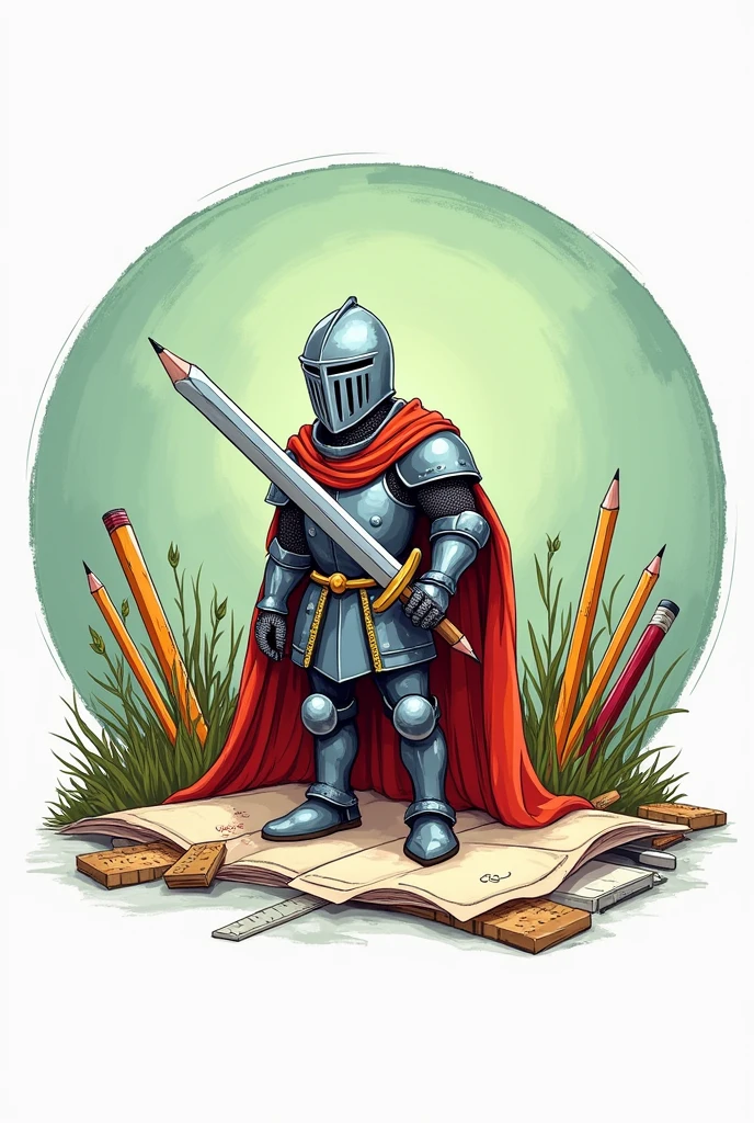 Logo with a round shape that is a drawing and that has a knight holding a pencil as a sword with utensils like pencils in the background, rulers and sheets of paper and the background of the image is light green