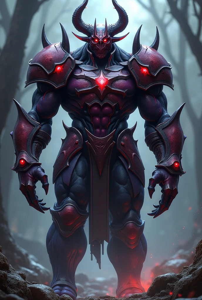 Vorr'nathAparência: Vorr'nath are imposing beings, with dark purple skin that seems to absorb the light around it. Their heads are adorned with horns that curve backwards, and his eyes are bright red. They have muscular and robust bodies, with spines on its back that go up to its head.armour: Vorr'nath armor is metallic, with a glossy red and black finish. It is composed of segmented plates that cover their torsos., arms and legs. The armor is reinforced at the shoulders and knees, with metallic spines that imitate the natural ones on their bodies. They prefer to leave their heads exposed to intimidate their enemies with their red eyes and fierce expression.. Make the full body image