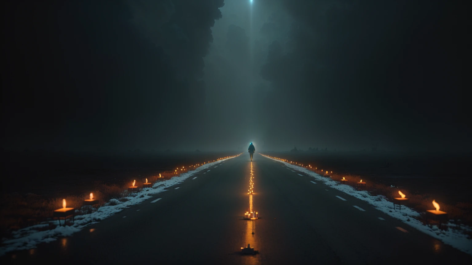 there is a man walking down a long road with candles, by Eglon van der Neer, inspired by Mike Winkelmann, cinematic beeple, digital art 4k unsettling, artem demura beeple, beeple. octane render, inspired by Michal Karcz, dramatic light 8 k, inspired by Michał Karcz