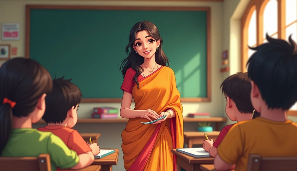 Ek Indian teacher jiski age 20 year hai student ko padh rahi hai in anime creat image Indian environment
