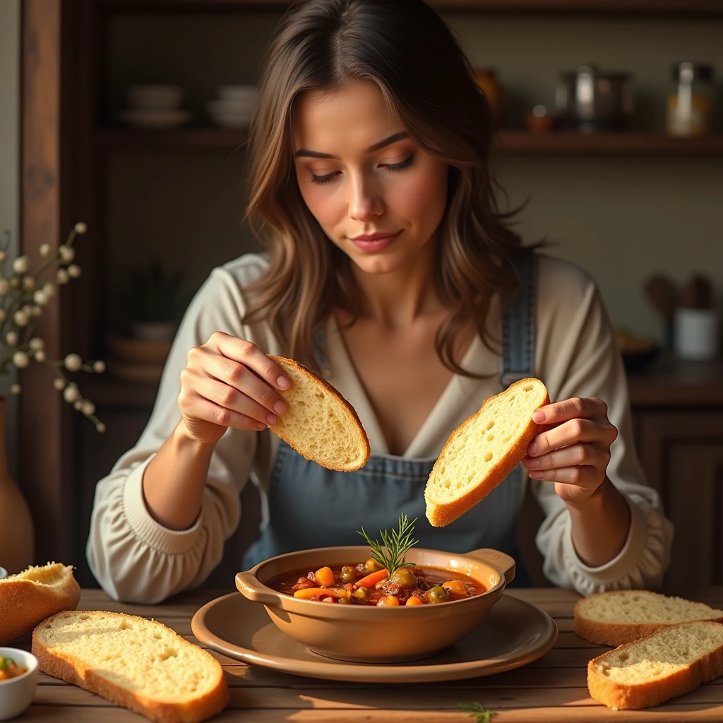 A woman eating a loaf of French bread、A woman eating French bread by dipping it in stew