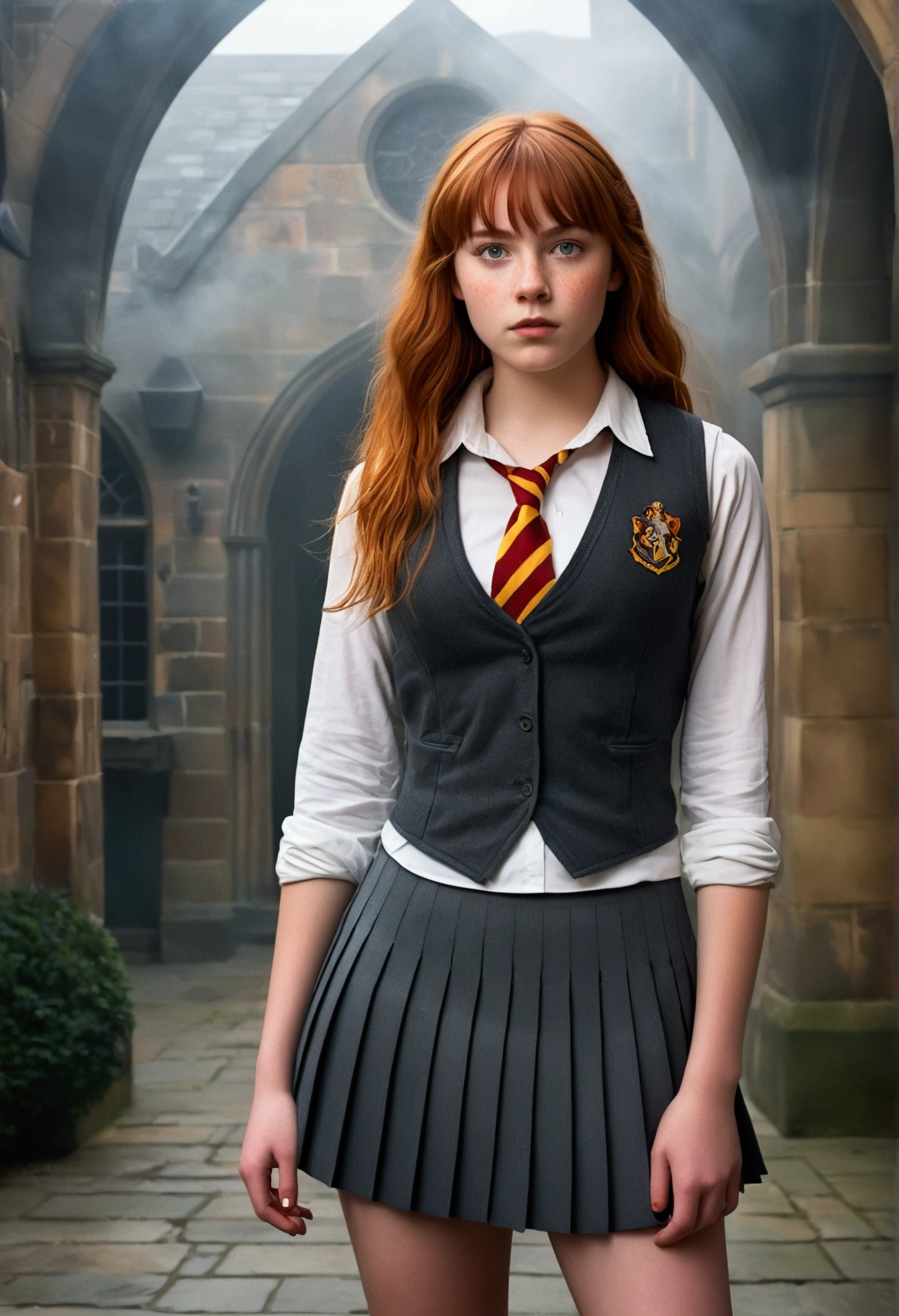 An illustrated movie poster, hand-drawn, full color, a teenage Hogwarts student, 18-years-old, female, wearing a charcoal vest and a pleated skirt, athletic hourglass figure, busty bosoms, full wide hips, massive round butt, long shapely legs, ridiculously thick powerful thighs, vibrant eyes, red auburn hair, thick shaggy bangs, flushed sun-kissed complexion, freckles, resembles Freya Allen, standing in a foggy Hogwarts courtyard, surrounded by mist, graphite shading, stencil marks, airbrushed acrylic paint, masterpiece