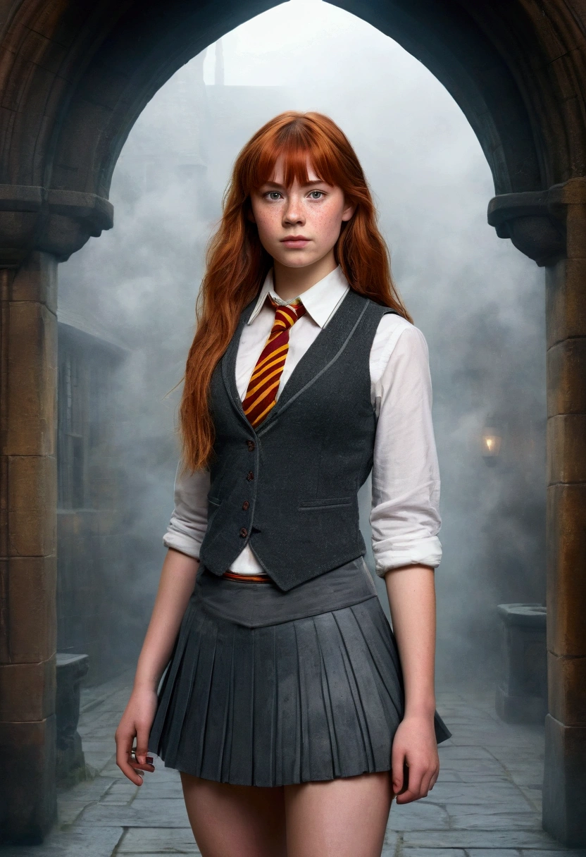 An illustrated movie poster, hand-drawn, full color, a teenage Hogwarts student, 18-years-old, female, wearing a charcoal vest and a pleated skirt, athletic hourglass figure, busty bosoms, full wide hips, massive round butt, long shapely legs, ridiculously thick powerful thighs, vibrant eyes, red auburn hair, thick shaggy bangs, flushed sun-kissed complexion, freckles, resembles Freya Allen, standing in a foggy Hogwarts courtyard, surrounded by mist, graphite shading, stencil marks, airbrushed acrylic paint, masterpiece
