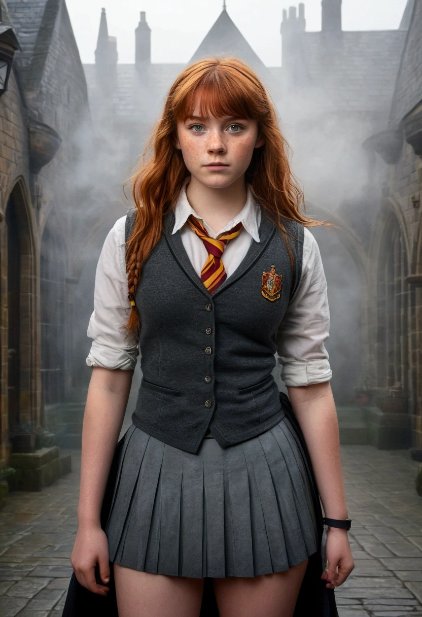 An illustrated movie poster, hand-drawn, full color, a teenage Hogwarts student, 18-years-old, female, wearing a charcoal vest and a pleated skirt, athletic hourglass figure, busty bosoms, full wide hips, massive round butt, long shapely legs, ridiculously thick powerful thighs, vibrant eyes, red auburn hair, thick shaggy bangs, flushed sun-kissed complexion, freckles, resembles Freya Allen, standing in a foggy Hogwarts courtyard, surrounded by mist, graphite shading, stencil marks, airbrushed acrylic paint, masterpiece