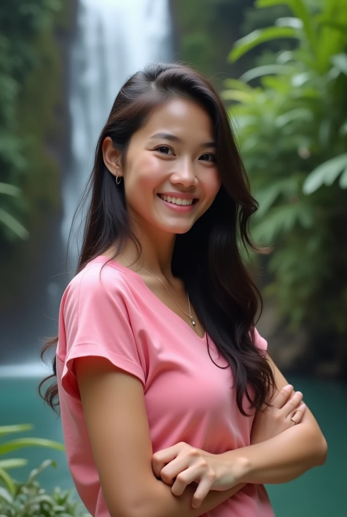 Create Real pinay girl age 30 wearing pink short and sleevless s say cheese standing with background water falls