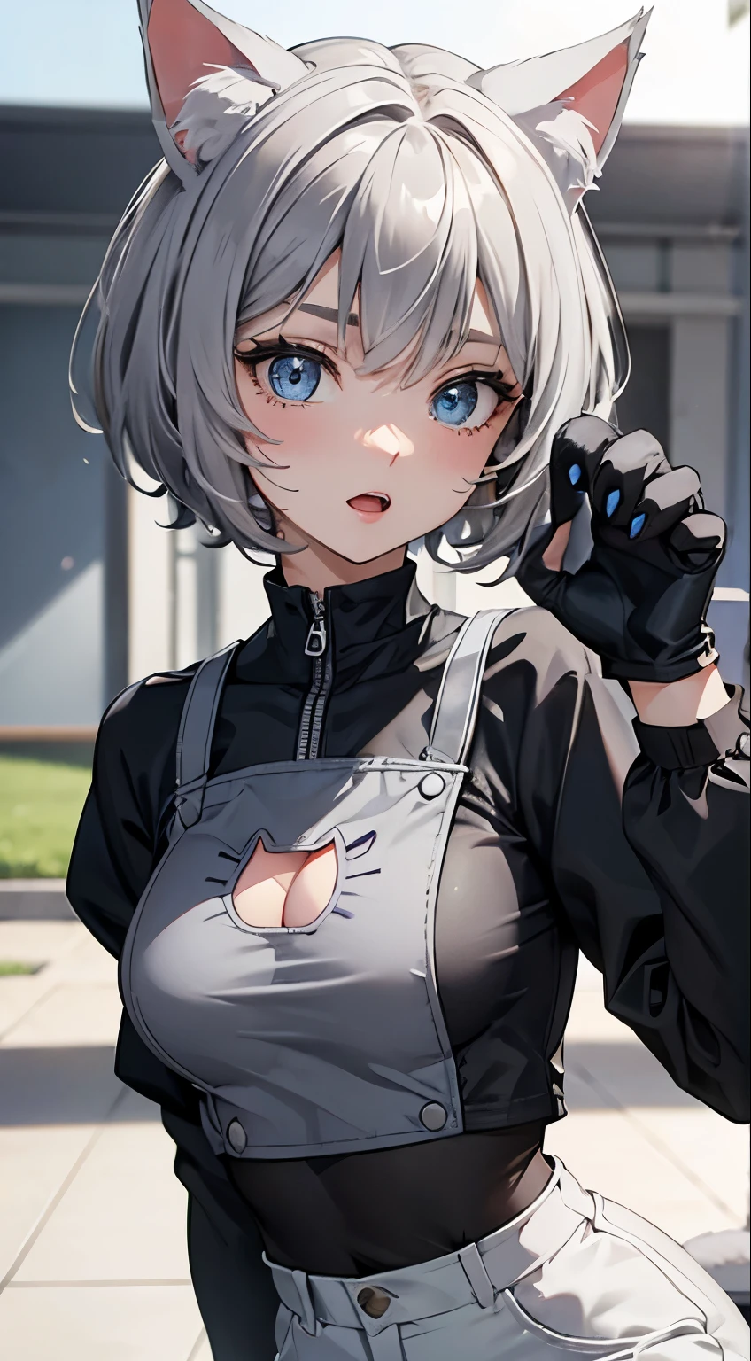 (masterpiece), (best quality), (High quality), (perfect anatomy), (perfect hands),BREAK, expressive eyes, perfect face, 1girl, (grey cat ears: 1.5), BREAK, (medium hair, grey hair: 1.6, pixie cut), BREAK, (big eyes, perfect eyes, blue eyes, thick eyelashes), BREAK, (thin eyebrow), BREAK, (short height), slim bulid, BREAK, cat smile, open mouth, blush, BREAK, (medium breasts), BREAK, (black tubetop: 1.4, long sleeves, cat cutout: 1.4), (cat paws gloves: 1.4) BREAK, (low-rise grey pants: 1.3), (white stockings: 1.2), BREAK, (standing on one leg, cat pose), (upper body), BREAK, (view from front: 1.5), (streaming room, rgb lightning), BREAK, ( face_focus), looking at the camera,