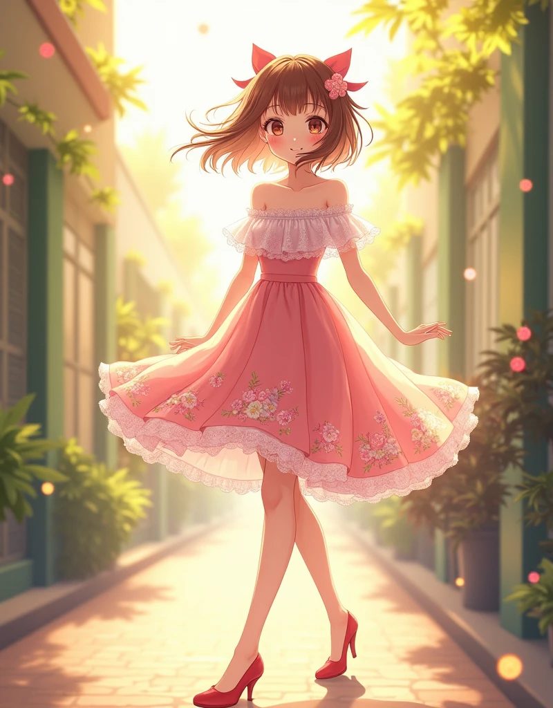 Ultra high quality,Long legs,Smile,Sunlight passing through the body,Lace off-the-shoulder,Wear flowers on your head,student,charming,Ribbon,There are several flowers embroidered on the skirt,Pink skirt,High heel