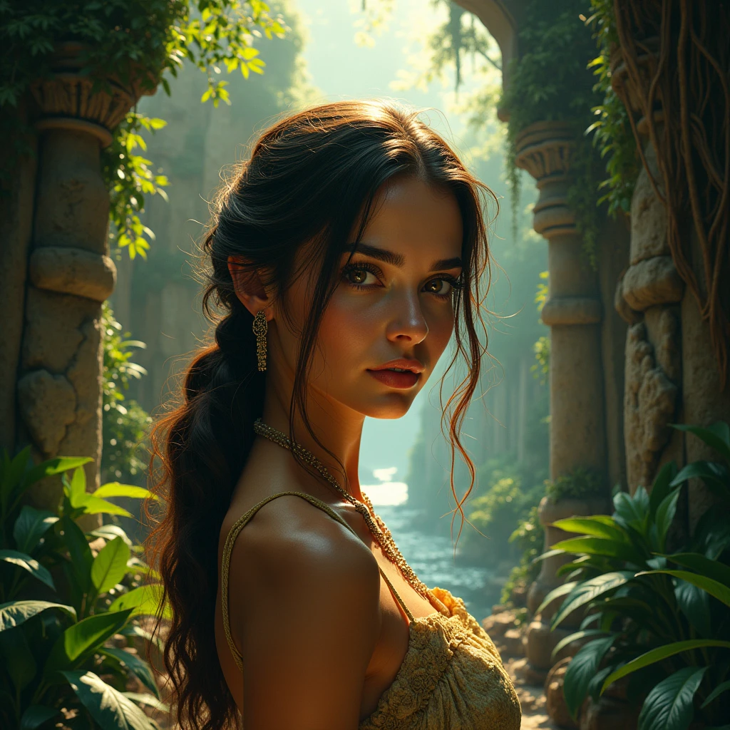 1girl, beautiful detailed eyes, beautiful detailed lips, extremely detailed face and features, long eyelashes, intricate island, tropical foliage, lush vegetation, mysterious ruins, detailed stone architecture, overgrown vines, ancient statues, sunlight filtering through trees, warm color tones, dramatic lighting, cinematic composition, photorealistic, 8k, ultra-detailed, highly-detailed, masterpiece, professional art, fantasy, adventure, adventure, sci-fi