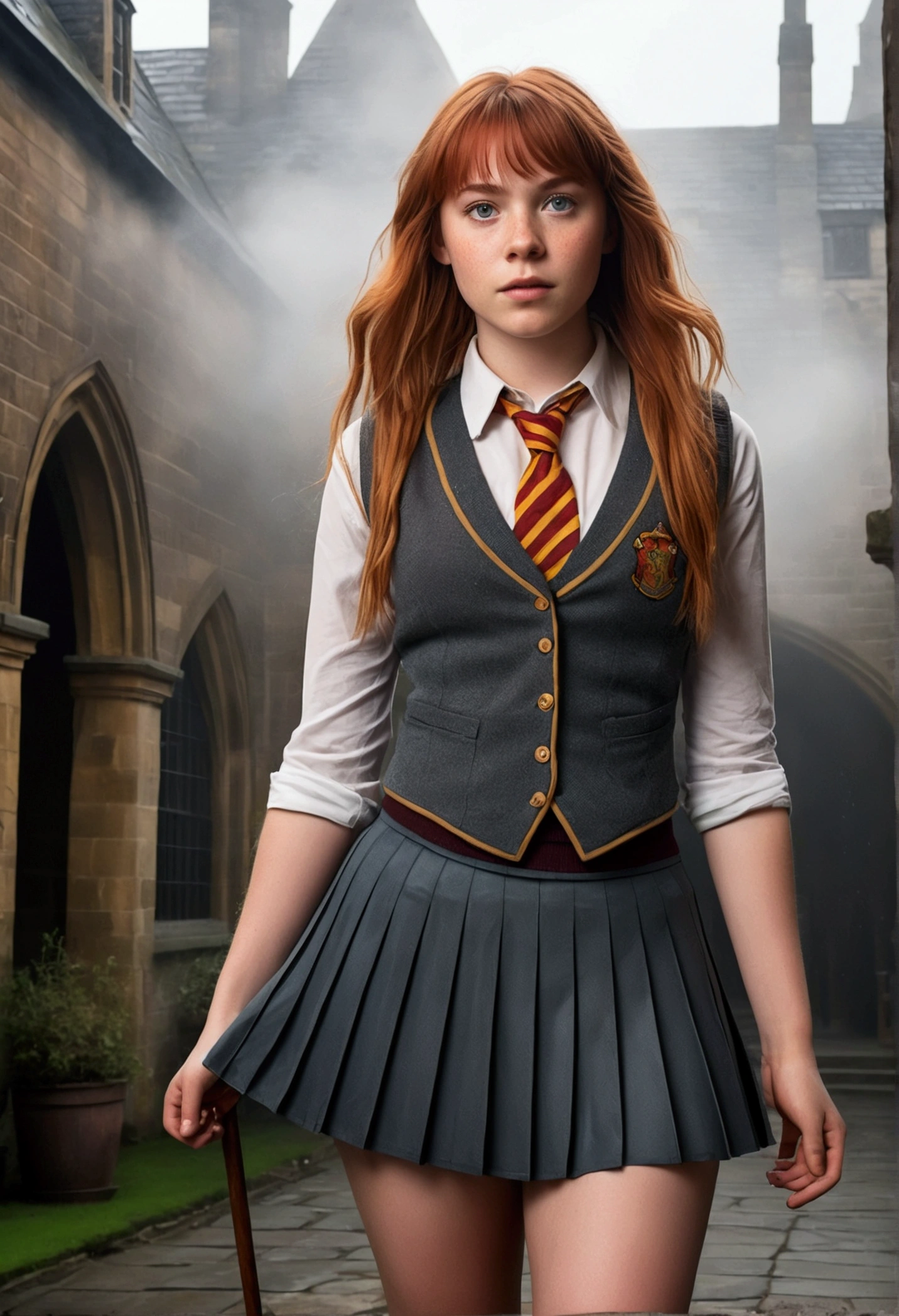 An illustrated movie poster, hand-drawn, full color, a teenage Hogwarts student, 18-years-old, female, wearing a charcoal vest and a pleated skirt, athletic hourglass figure, busty bosoms, full wide hips, massive round butt, long shapely legs, ridiculously thick powerful thighs, vibrant eyes, red auburn hair, thick shaggy bangs, flushed sun-kissed complexion, freckles, resembles Freya Allen, standing in a foggy Hogwarts courtyard, surrounded by mist, graphite shading, stencil marks, airbrushed acrylic paint, masterpiece