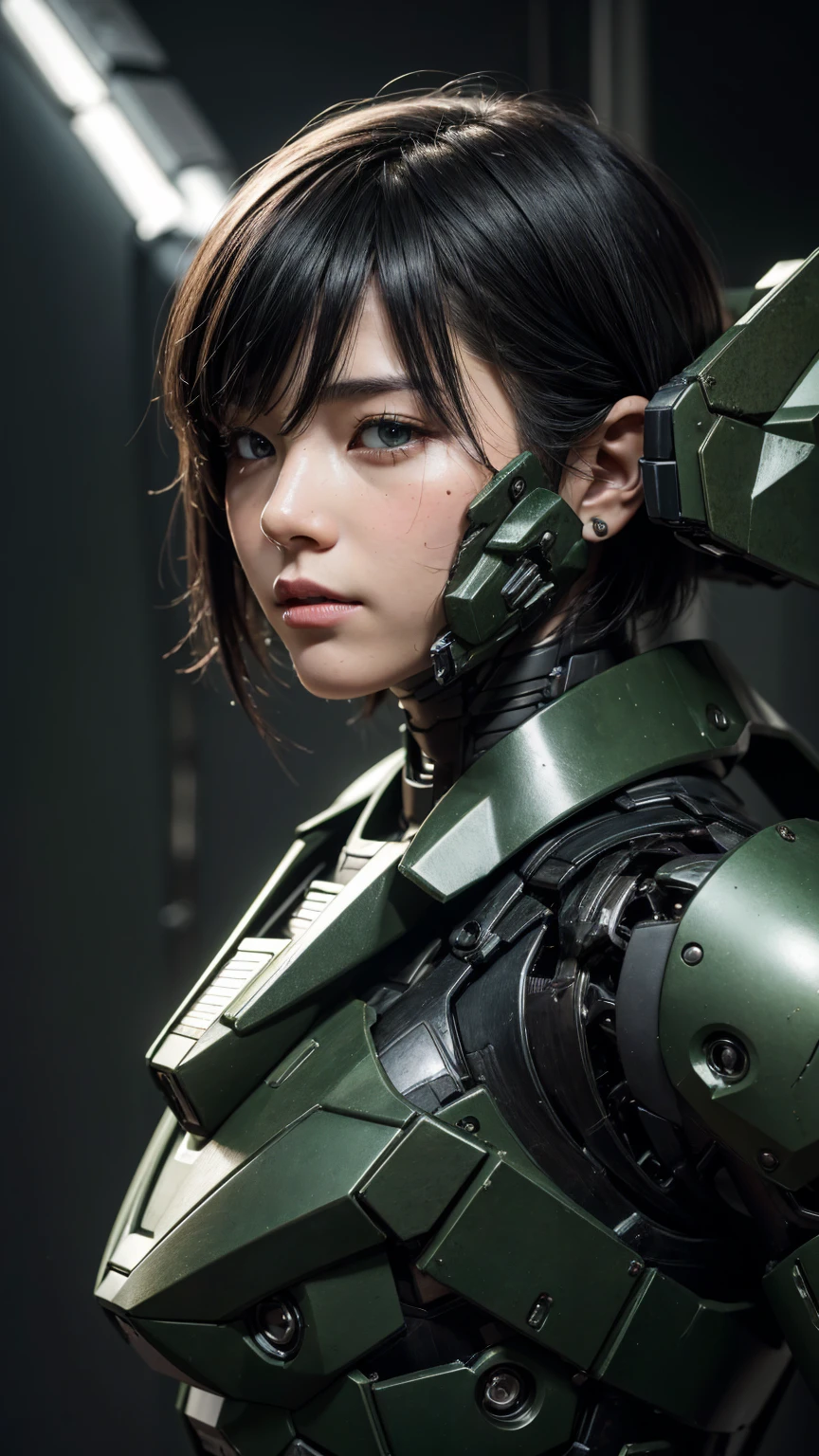 Textured skin, Very detailed, Attention to detail, high quality, 最high quality, High resolution, 1080P, hard disk, beautiful,(War Machine),beautifulサイボーグ女性,Mecha Cyborg Girl,BATTLE MODE,Girl with a mechanical body Black Hair Short Hair Boyish Dark green armor Soaked Face Steam rising from my head Met Off Not a cute face