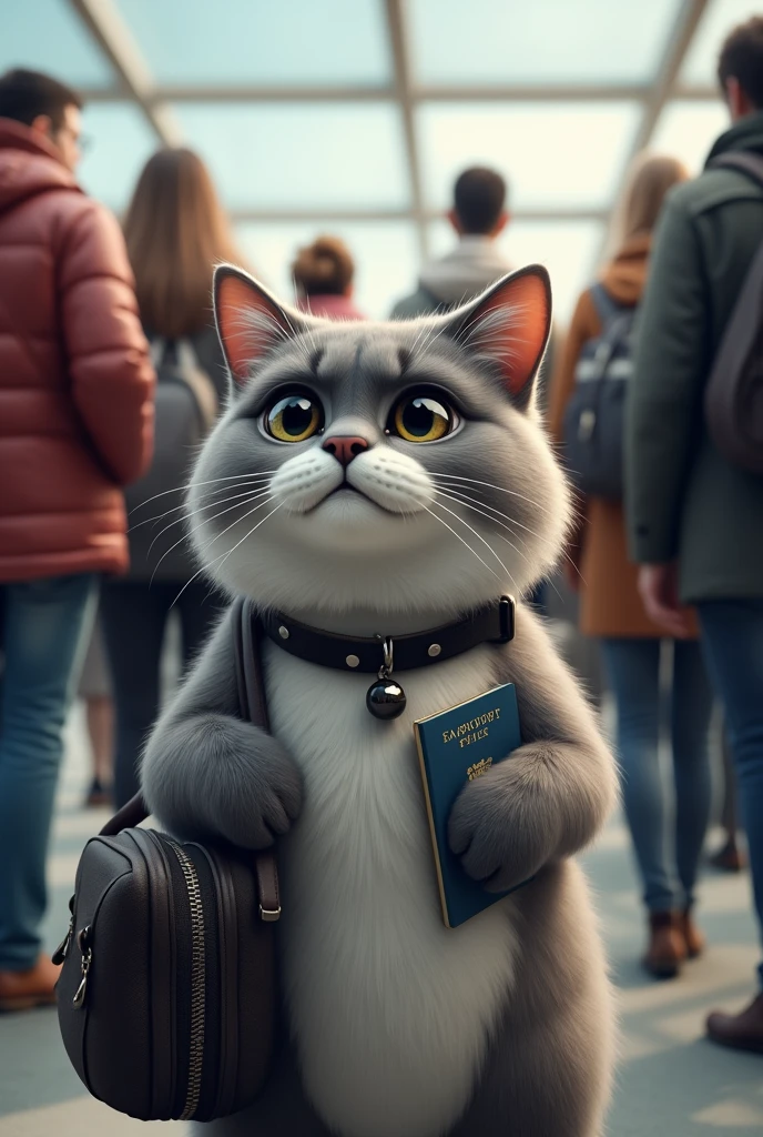 grey white cat BLACK NOSE AND DARK EYES. LOTS OF HAIR and black collar with a black bell with a bag and passport with it waiting in airport queue with one bag and passport in hand. only one cat and rest humans