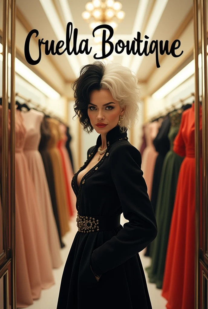 Cruella de Vil with Emma Stone with black and white hair in the middle of a boutique full of dresses, White background, with name "Cruella Boutique" In the middle 