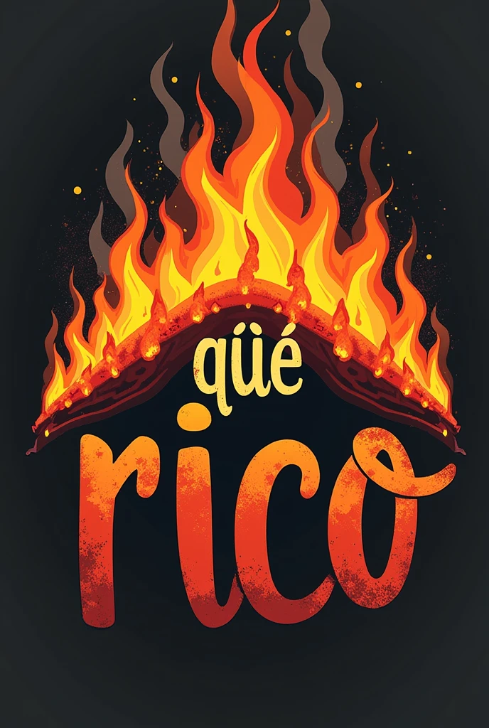 Smoked meat restaurant logo with flames in the background and the word “Qué Rico” in front