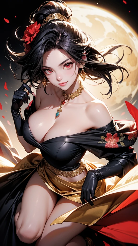yor briar, anime style beutiful woman, 1girl,fullbody, happy, smile, red face, closed mouth, beautiful detailed eyes, super detailed skin, backlighting, bare shoulders, black background, black dress, black gloves, black hair, breasts, dress, earrings, fingerless gloves, floating hair, floral print, flower, gloves, gold earrings, gold hairband, hair flower, hair ornament, hairband, holding, holding weapon, jewelry, large breasts, long hair, looking at viewer, off-shoulder dress, off shoulder,red eyes, short hair with long locks, sidelocks, solo, spikes, thighs, two-sided dress, two-sided fabric, weapon, fighting stance , face, close up, from above, highest quality, high resolution.