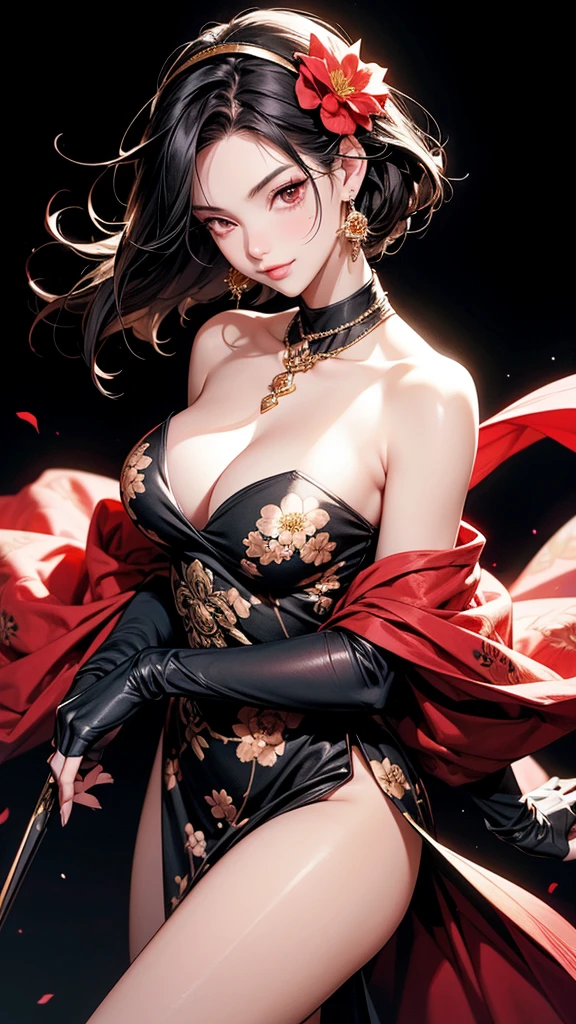 yor briar, anime style beutiful woman, 1girl,fullbody, happy, smile, red face, closed mouth, beautiful detailed eyes, super detailed skin, backlighting, bare shoulders, black background, black dress, black gloves, black hair, , dress, earrings, fingerless gloves, floating hair, floral print, flower, gloves, gold earrings, gold hairband, hair flower, hair ornament, hairband, holding, holding weapon, jewelry, large breastshair, looking at viewer, off-shoulder dress, off shoulder,red eyes, short hair with long locks, sidelocks, solo, spikes, thighs, two-sided dress, two-sided fabric, weapon, fighting stance , face, close up, from above, highest quality, high resolution.